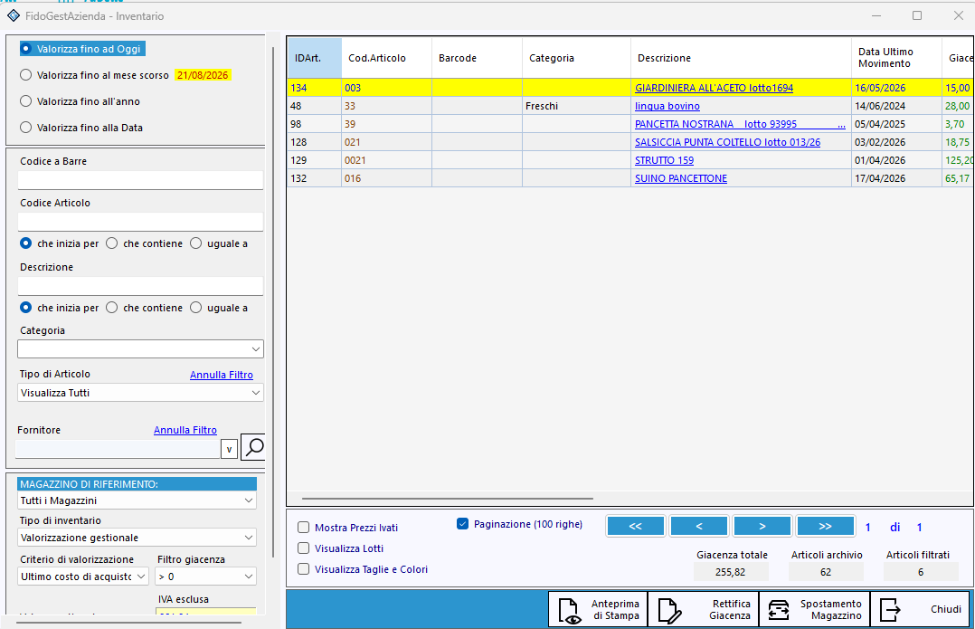Inventario in FidoGest Azienda