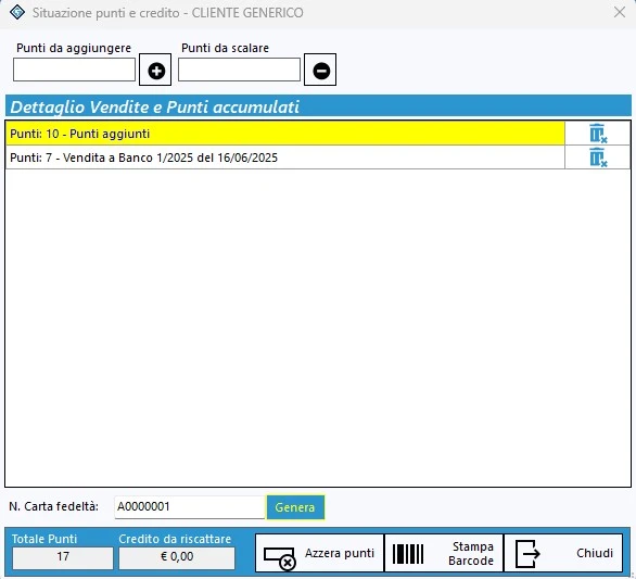 Situazione punti e credito del cliente