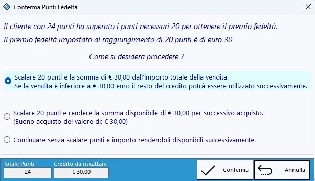 Conferma e riscossione dei punti fedeltà